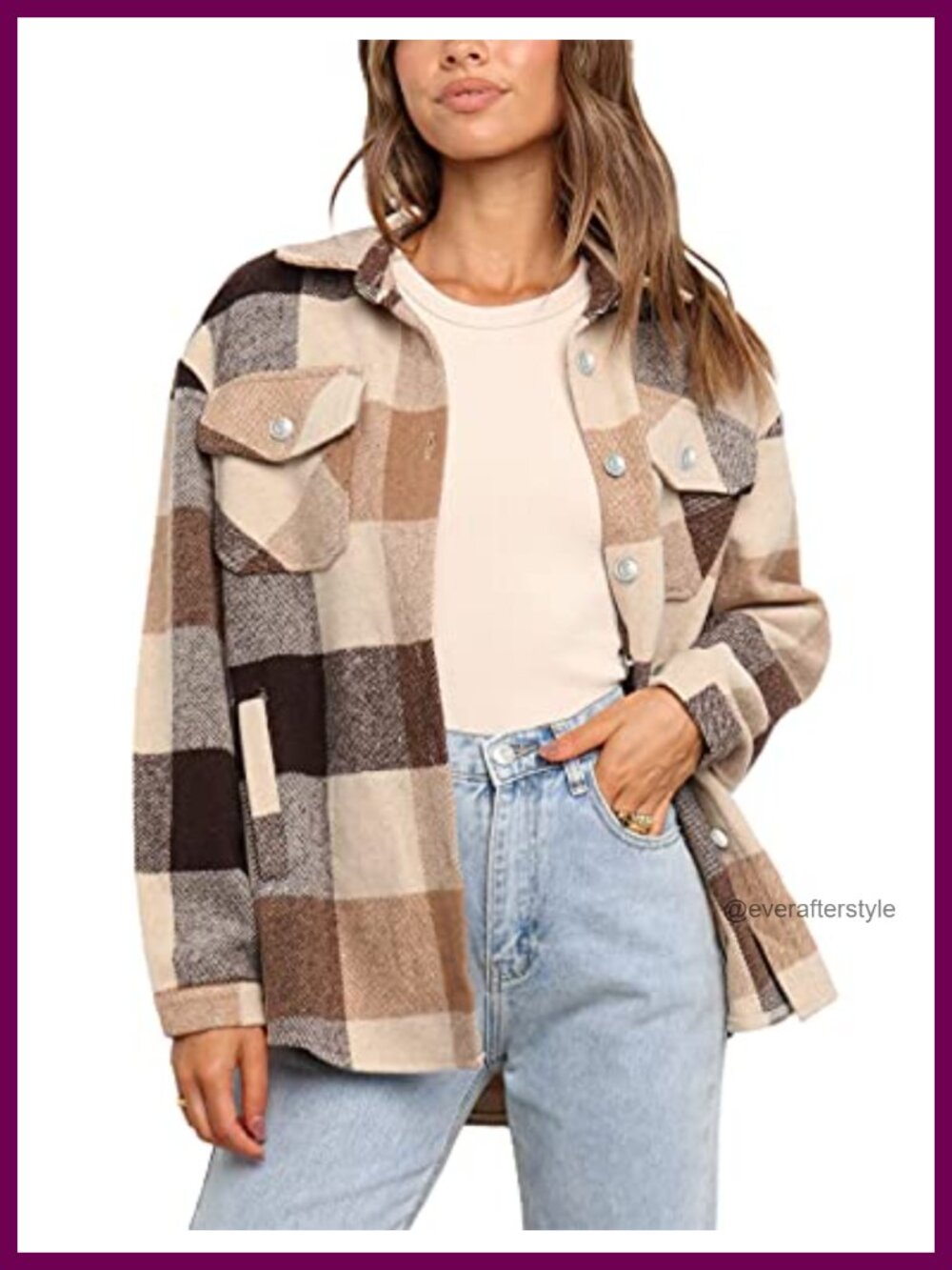 UANEO Plaid Shacket Oversized Faux Wool Flannel Shirt Jacket Button Down